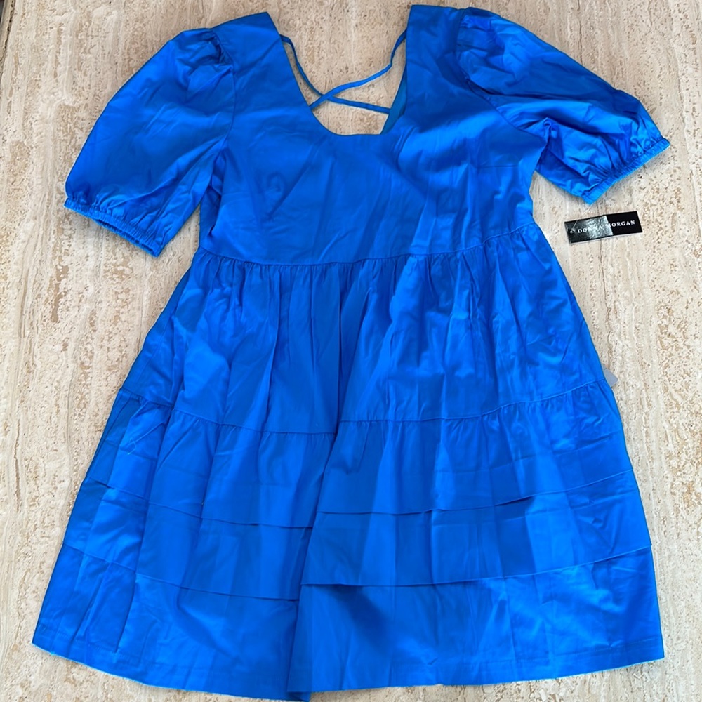 Donna Morgan Royal Blue Puff Sleeve Tiered Midi Dress